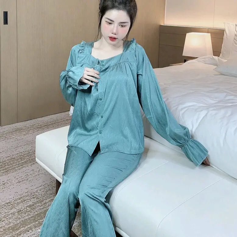 Bộ Ngủ Tb Pijama Chất Lụa Xước Cổ Vuông Tay Dài Quần Dài Cho Nữ - Nhung Nhung Tăm Áo Voi - Women, Size 1: 35-49kg, Size 2: 50-65kg - Nho, Quần Ngủ setdongu cute đồ  macnha 3