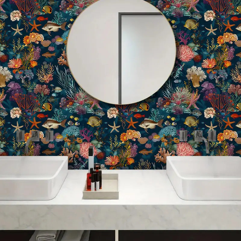 Floral & Fish Pattern Wall Sticker, 1 Roll Removable Waterproof Wall Paper, Self Adhesive Wall Decal for Kitchen Living Room Dining Room Bedroom 6
