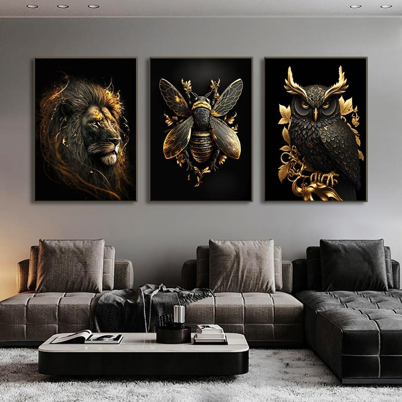 Product Introduction of Black Gold Eagle Lion Canvas Painting Metal Poster Wall Art Nordic Deer Tiger Wolf Swan Aesthetic Picture for Living Room Decor 9