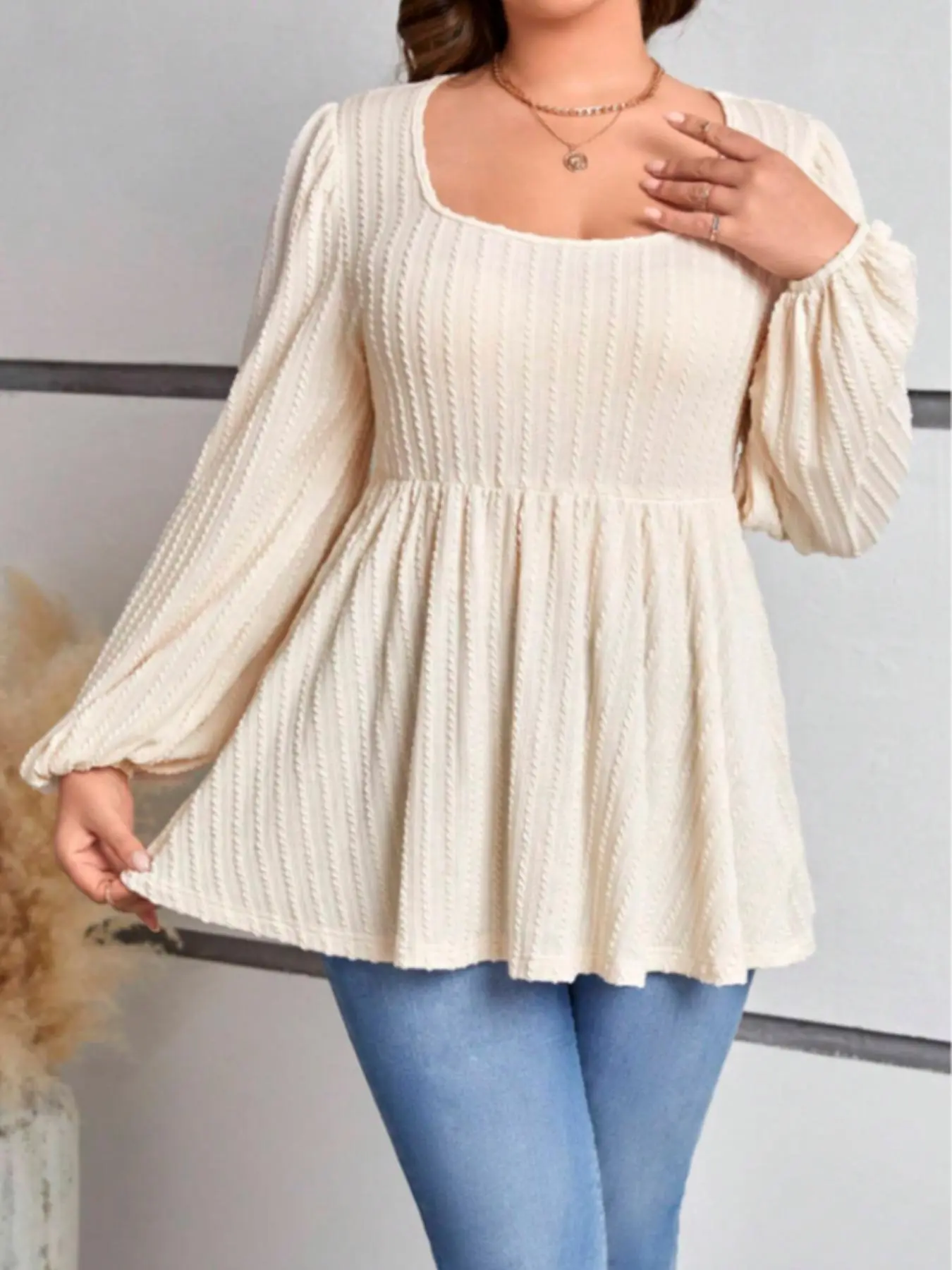 【Plus Size】 Solid Bishop Sleeve Square Neck Tee, Casual Long Sleeve T-shirt for Fall & Winter, Women's Clothing for Daily Wear