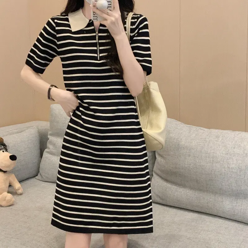 Váy suông dáng dài cổ bẻ chất cotton kẻ xinh xắn Nữ Dress