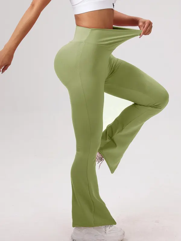 Women's Plan High Waist Ruched Flare Leg Sports Tummy Control Leggings, Sporty Bell Bottom Yoga Leggings, Ladies Sportswear for Yoga Gym Fitness 3