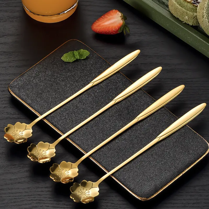 Bộ thìa, 5 cái, làm bằng thép không gỉ, thích hợp để khuấy cà phê, món tráng miệng, trộn mật ong, trà và kem 1