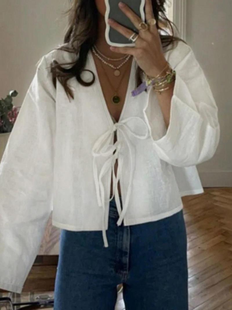 Product Introduction of Women's Plain Tie Front V Neck Blouse, Casual Long Sleeve Top for Spring & Fall, Women's Clothing for Daily Wear, Workwear, January Workwear 6