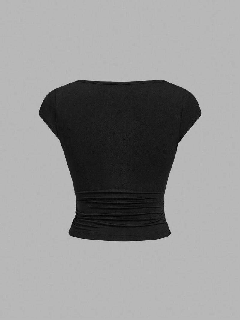 Product Introduction of Women's  Solid Ruched Scoop Neck Crop Tee, Casual Cap Sleeve T-shirt for Summer, Ladies Clothes for Daily Wear 8
