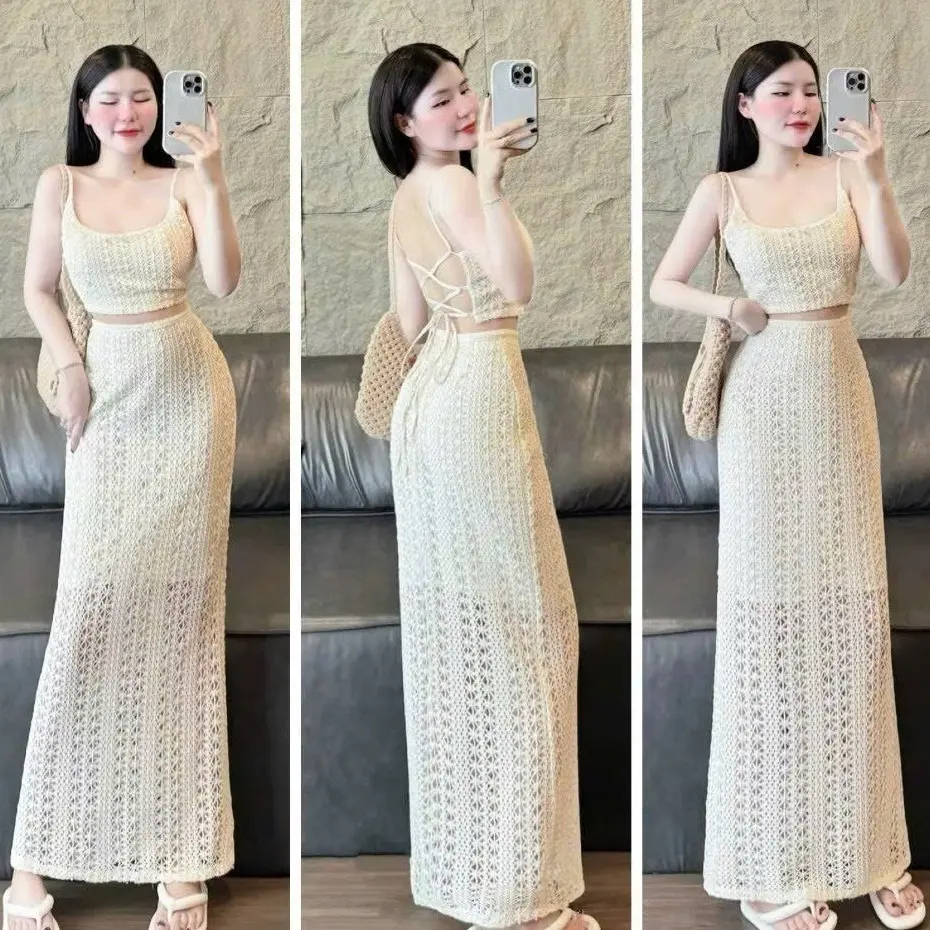 sét đồ đi biển nữ áo hai dây kèm chân váy dài (có lót) chất len ren thoáng mát
