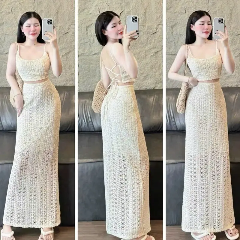 sét đồ đi biển nữ áo hai dây kèm chân váy dài (có lót) chất len ren thoáng mát 0