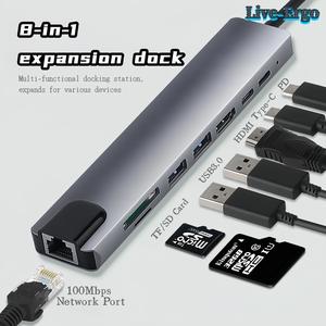 USB Hub 8-in-1 Type C  To 4K HDMI-Compatible USB SD/TF Card  Multi-Port  Multi-function Docking Station Lightweight Design Slim Aluminum Ultra Slim Data Alloy Material High Speed Transmission For Computer/TV/TabletGame/Console/Mobile Phone Pc/ Laptops