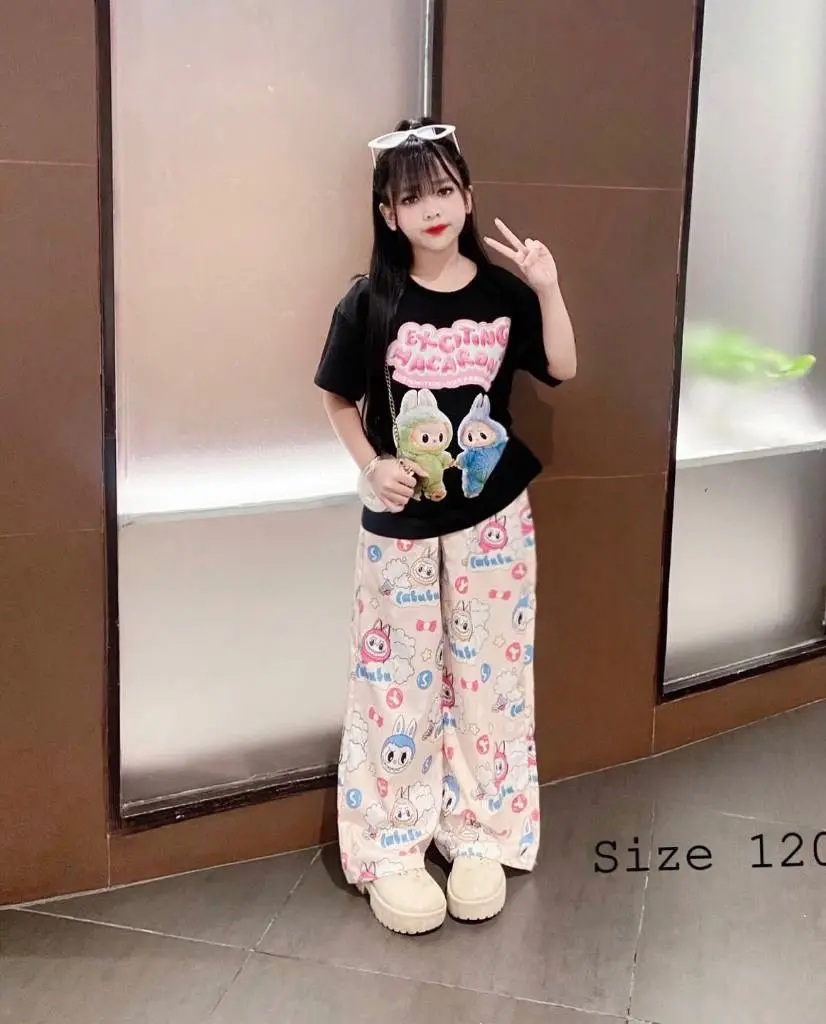 Sét bộ áo thun quần dài ( MẪU LABUBU ĐÔI BẠN THÂN GẤU YÊU ) dành cho bé gái size 9-45kg mã TR6969