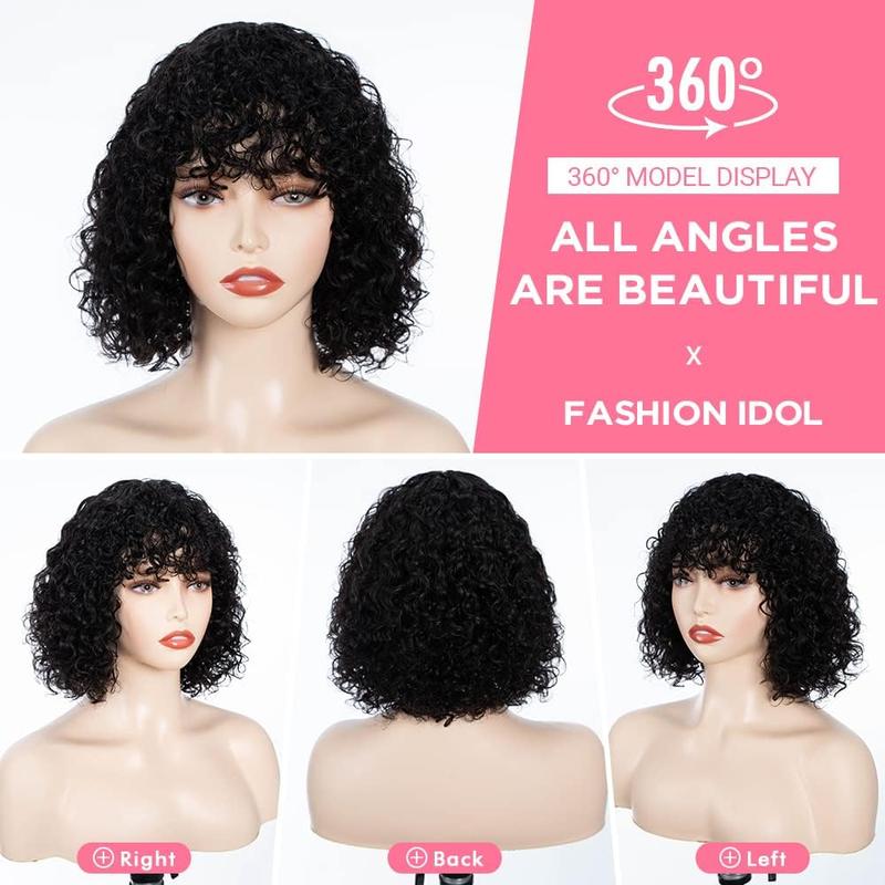 Local shipping-Fashion Idol Bob Curly Human Hair Wigs with Bangs Jerry Curl Bob Wigs Human Hair Brazilian Virgin Human Hair None Lace Front Wigs for Women Machine Made Black Wigs 10Inch 1