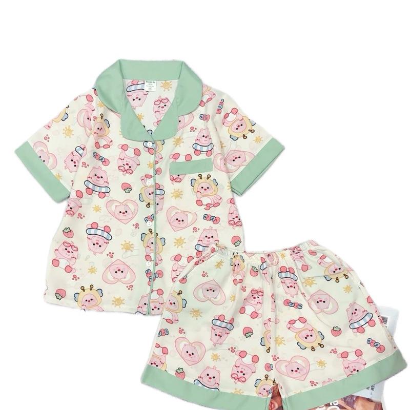 MÃ M11 :(25-50kg) . Bộ đồ đùi cổ bẻ pizama bé gái chất liệu LỤA MANGO mềm mịn mát không nhăn. Đồ mặc nhà đi ngủ hoạ tiết hoạt hình hottren cho bé ạ Voi