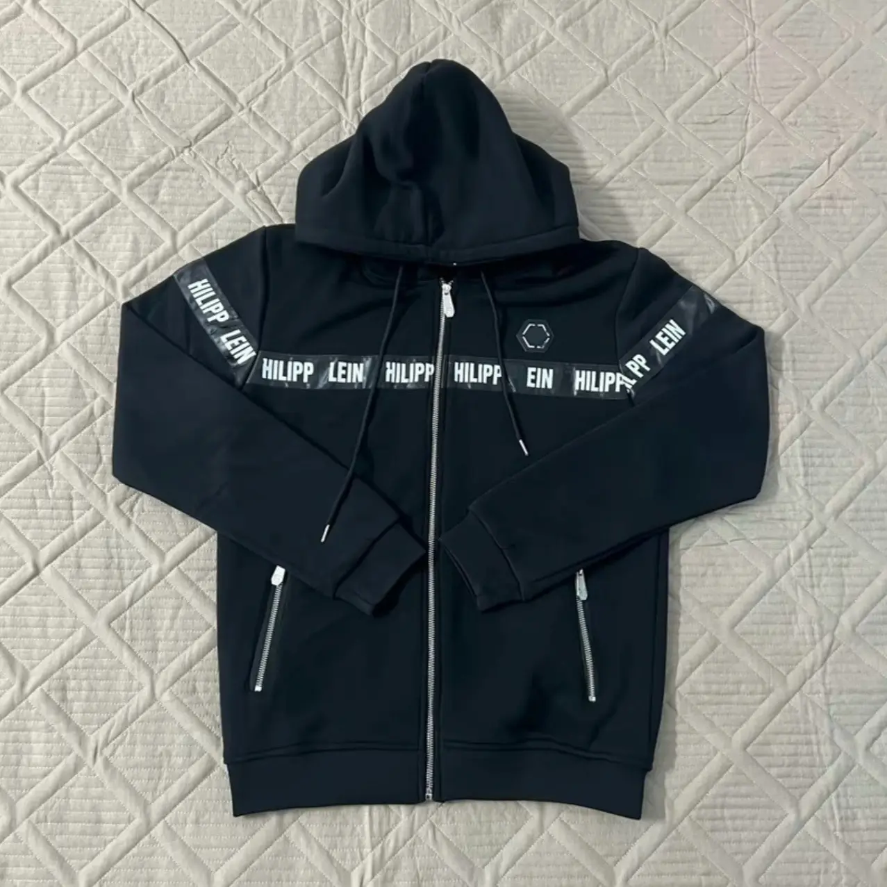 Áo khoác nỉ philipp mũ 2 lớp, in chữ ngực ống tay hot 2024 áo  hoodie Menswear Ong áo  hoodie