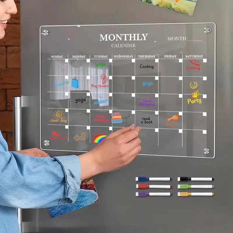 Acrylic Magnetic Monthly Calendar Planning Board, 1 Set Clear Dry Erase Memo Planner with Markers, Ideal Kitchen Organizer Notepad for Home and Office