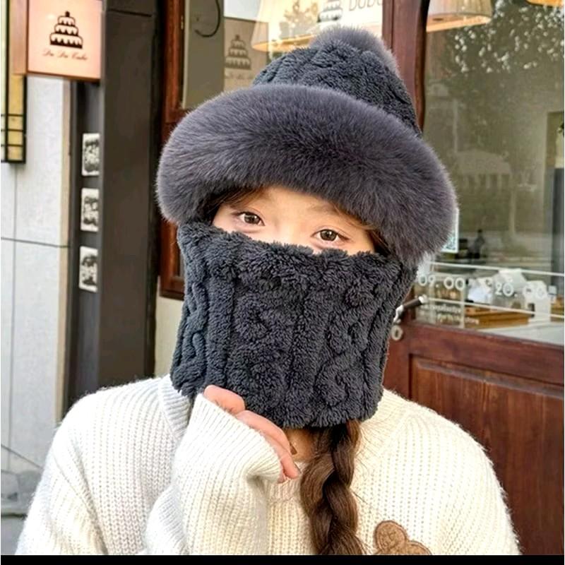 Mũ quả bông kèm khăn quàng bịt kín ấm áp cho mùa đông họa tiết len nổi Hat Nón Women Nữ 1