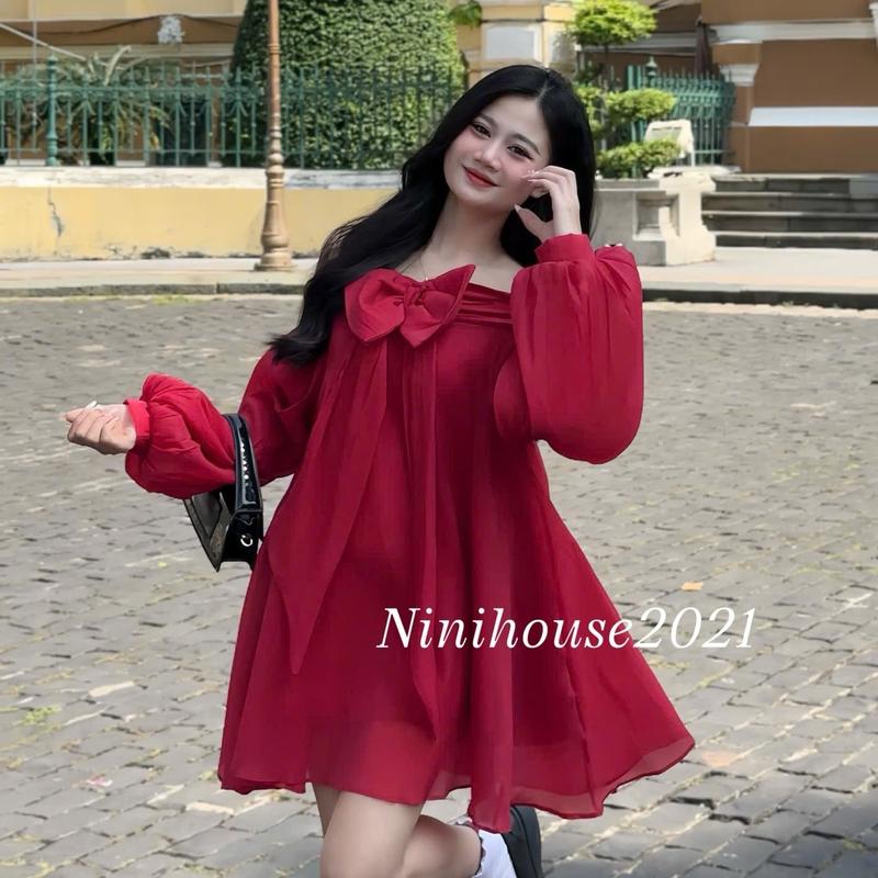 Đầm váy babydoll trễ vai dài tay bồng xòe thắt nơ to D01 Nữ Voan Dress Women