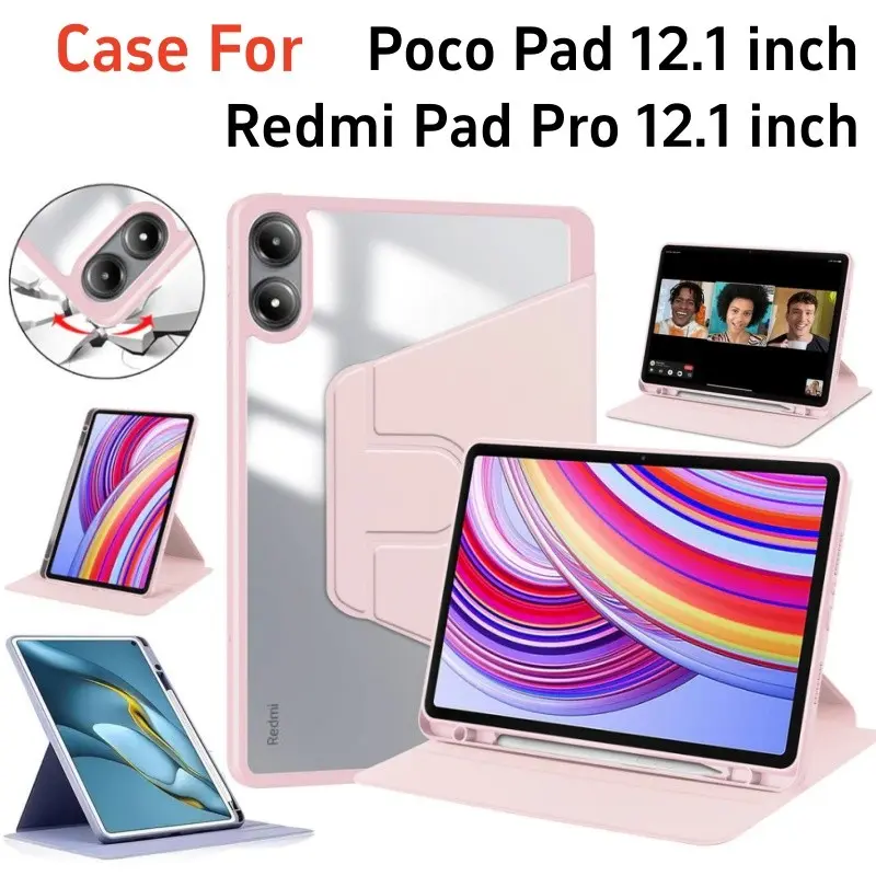 Ốp Chân Đế Xoay 360 Độ, Dành Cho Redmi Pad Pro 12.1 Inch, Ốp Máy Tính Bảng Acrylic, Tương Thích Với Xiaomi Poco Pad 5G 12.1, Có Khe Cắm Bút 0