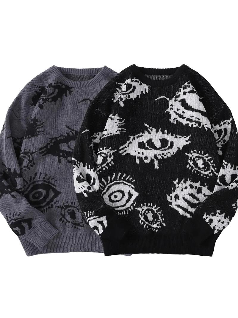Product Introduction of Men's All Over Eye Print Drop Shoulder Sweater, Regular Fit Casual Long Sleeve Round Neck Jumper for Fall & Winter, Fashion Men's Knitwear for Daily Wear 7