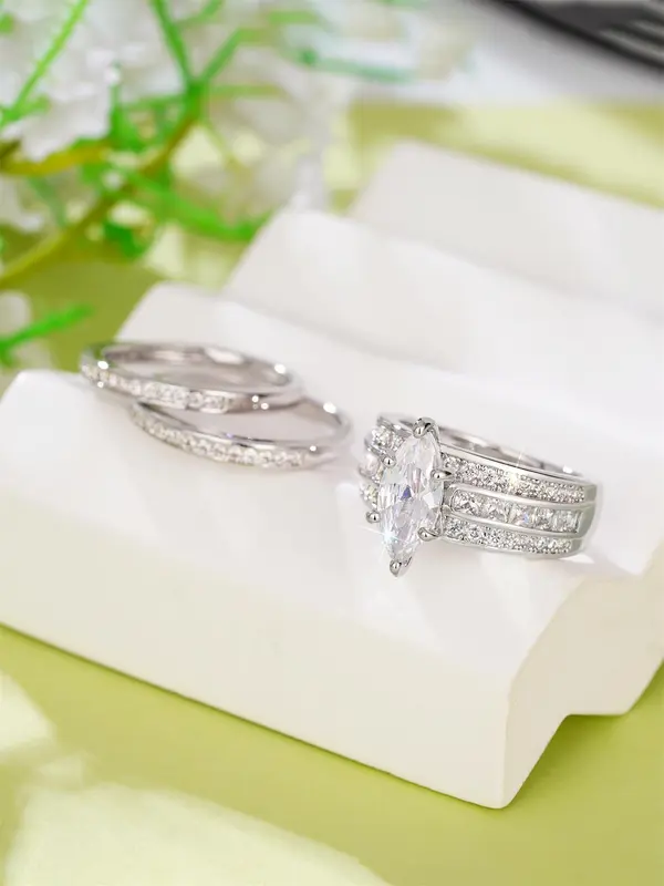 Elegant Artificial Zircon Decorated Ring Set, 3 Counts Rings for Women, Engagement Anniversary Party Accessories, Trendy All-match & Exquisite Jewelry for Birthday Gift 6