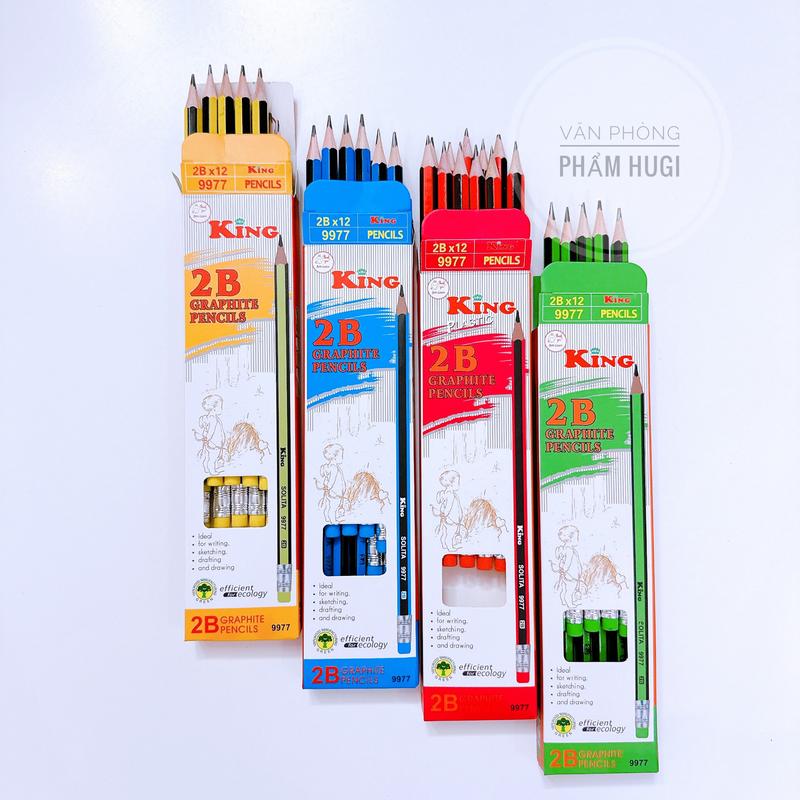 Hộp 12 Cây Bút Chì Đen 2B King-9977 – Ngòi Viết Êm, Kèm Tẩy Tiện Lợi Cho Học Sinh