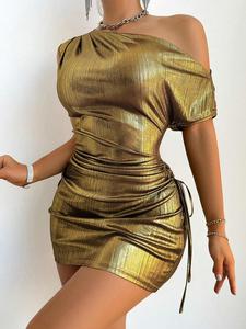 Vestido metálico de un hombro para mujer, elegante vestido corto para fiestas, clubes y citas, ropa de dama para todas las estaciones
