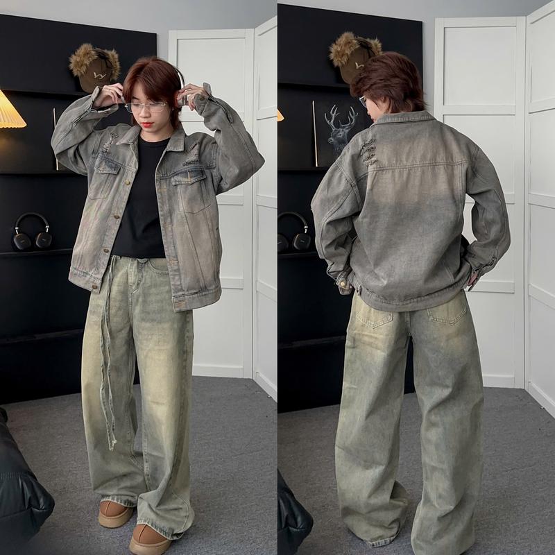 Áo Khoác Jean WAS RÁCH PHỐI ZIP TAY Có Túi Trong Form Rộng Unisex Nam Nữ Áo khoác bò denim Jacket Top Women Xám