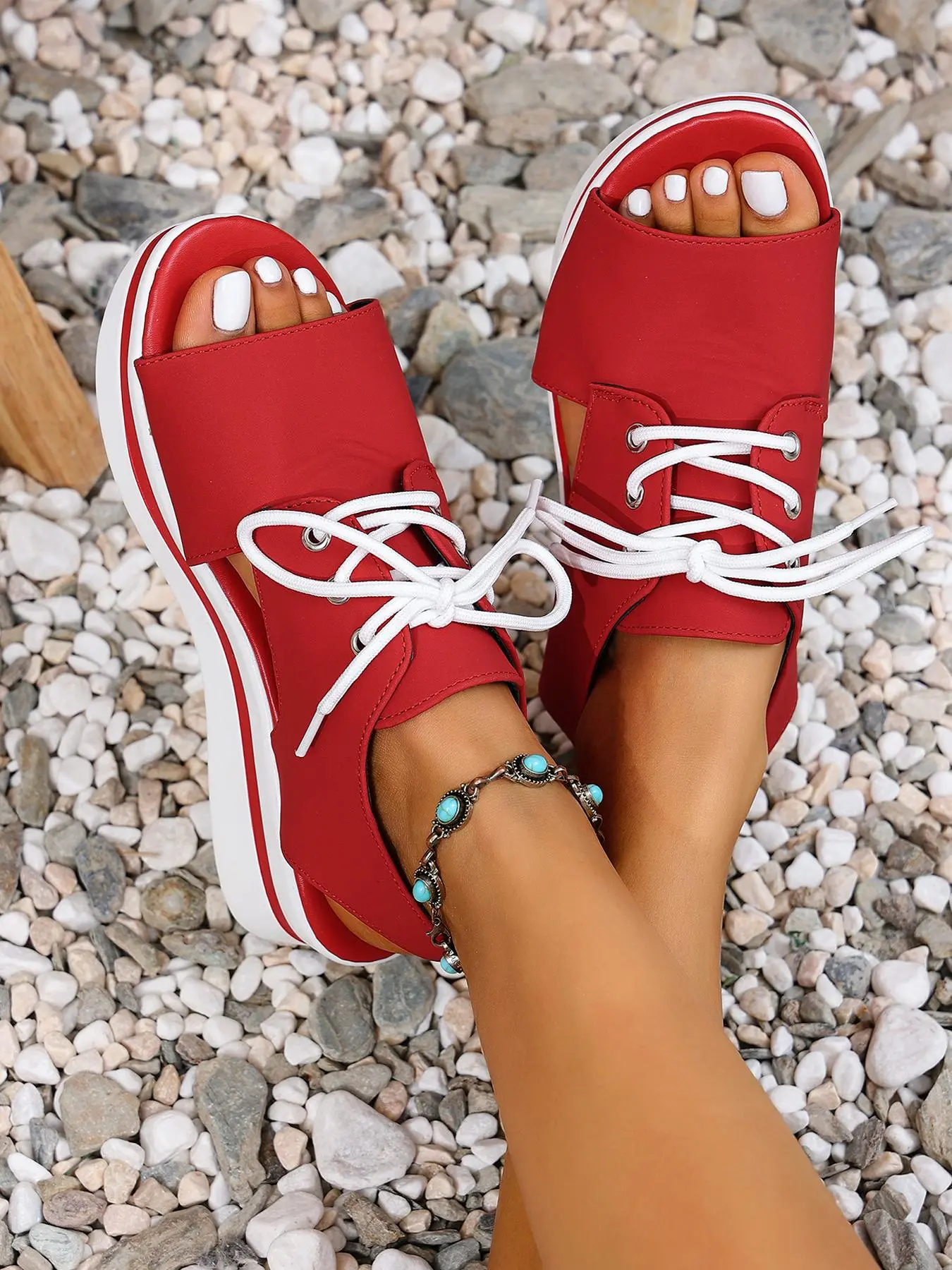 Plus Size Women's Solid Color Lace Up Peep Toe Sandals, Casual Fashion Platform Sandals for Summer, Lightweight Breathable Comfortable Shoes for Daily Wear, Girl