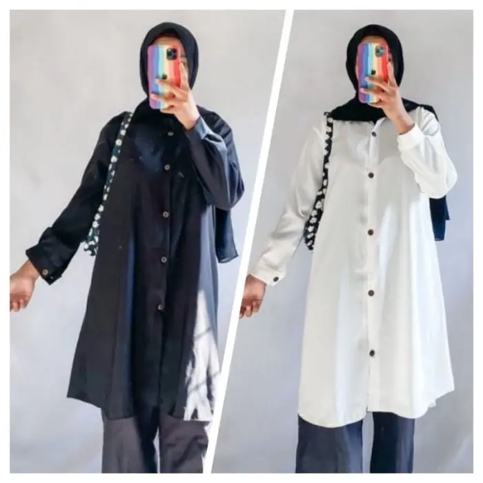 Y♫Sz Blouse Wanita Tunik Muslimah Polos Casual Lengan Panjang Full Kancing Z☎3G
