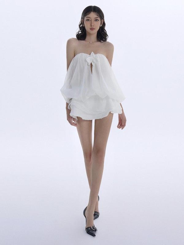 Set Áo bí cúp ngực đính hoa + Chân váy xòe trắng chất tơ crep cao cấp - Orchid Set