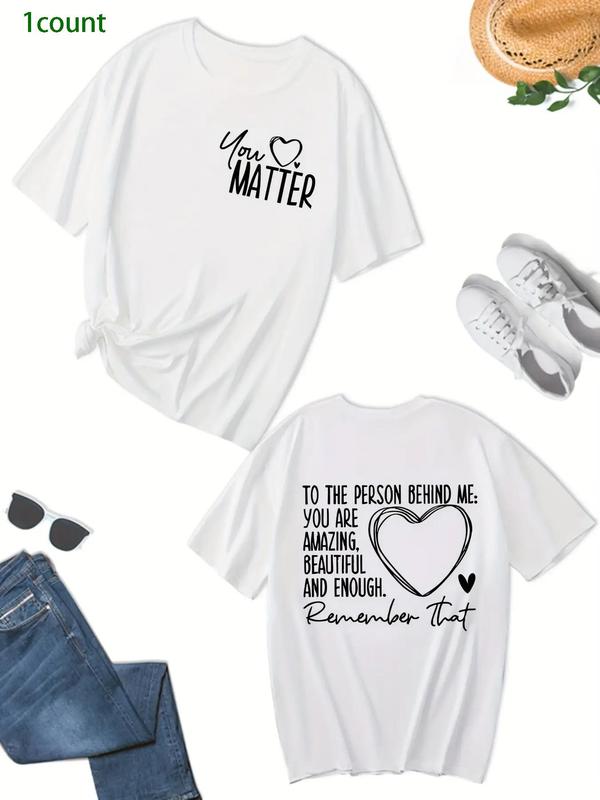 【Plus Size】Letter & Heart Print Drop Shoulder Tee, Casual Fashion Short Sleeve Round Neck T-Shirt for Summer, Women's Plus Clothing for Daily Wear, Tshirt 5