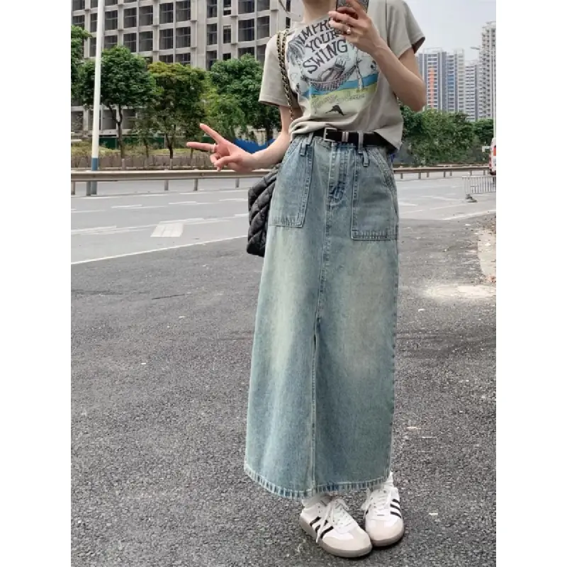 Retro slit denim women's skirt 2024 new mid-length high waist A-line slim hip skirt