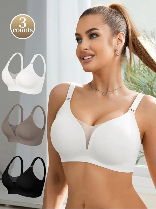 Women's Solid Color Mesh Patchwork Seamless Wireless Bra, Casual Comfortable Breathable Adjustable Strap Anti-Sagging Full Coverage Bra, Lingerie for All Seasons 3