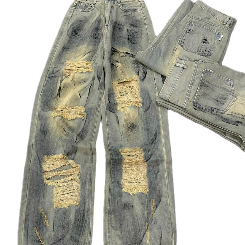 728-S- 2xl Quần suông màu bụi rách kiểu trước sau Nữ Jean. Pants