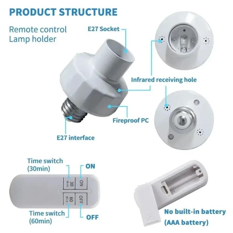 tolifeto High Quality 15/30/60 Min Timer Remote Control Lamp Holder Long Distance Potable E27 Bulb Lamp Holder Smart Wireless Light Bulb Socket Home 3