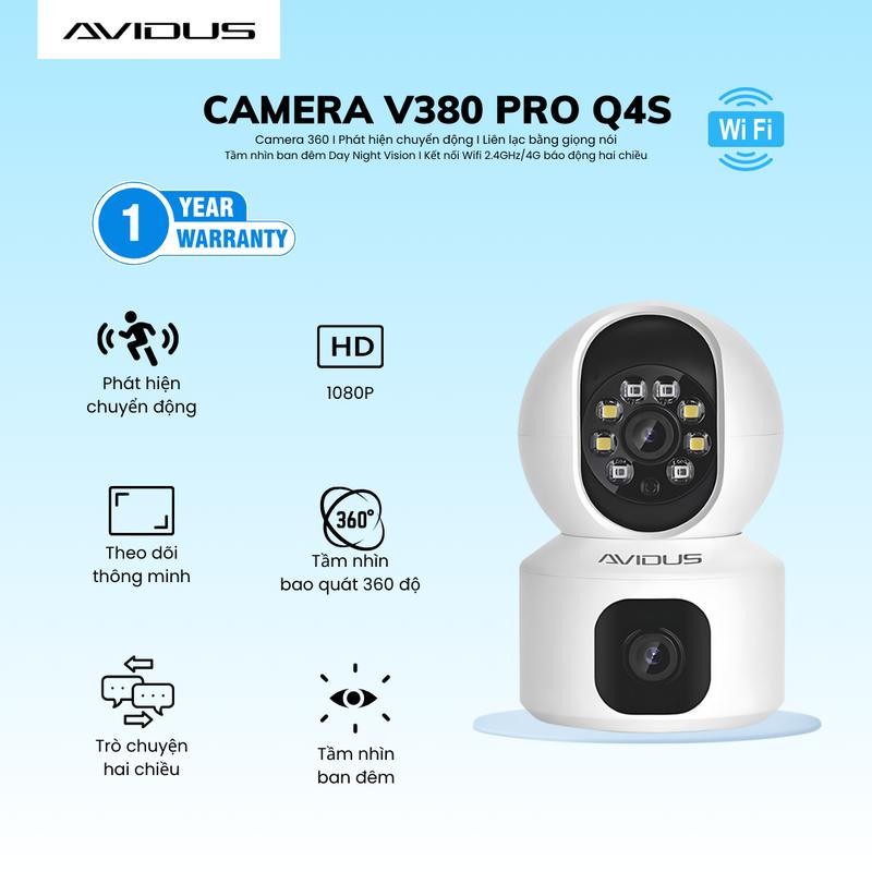  AVIDUS Camera V380 Pro Q4S 360 Độ 2 Mắt Không Dây Tích Hợp Màn Hình Lớn- Gọi Điện Call Video Trực Tiếp Hình Ảnh Sắc Nét Theo Dõi Chuyển Động Đàm Thoại 2 Chiều flash camera   komex camera  báo 
