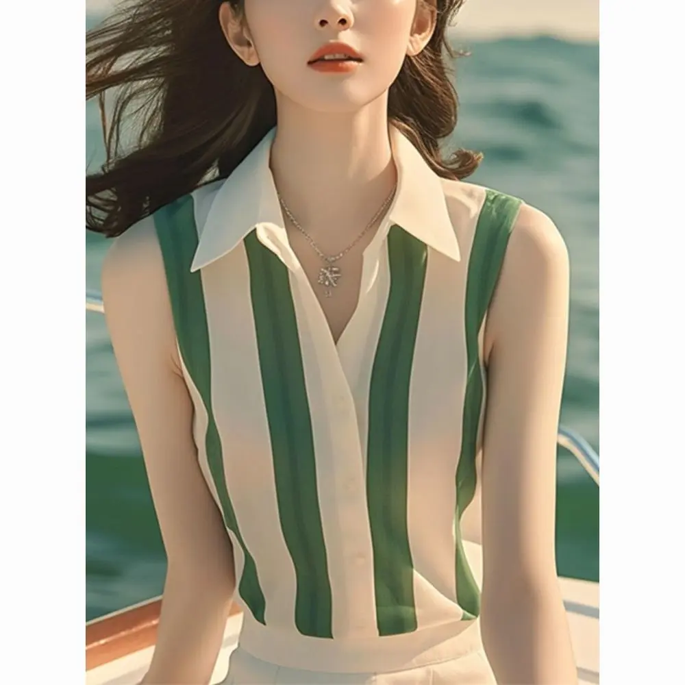 Fashionable Simple Style Green Striped Lapel Sleeveless Shirt Women's Summer New All-Matching Beautiful Younger Slim-Fit Top
