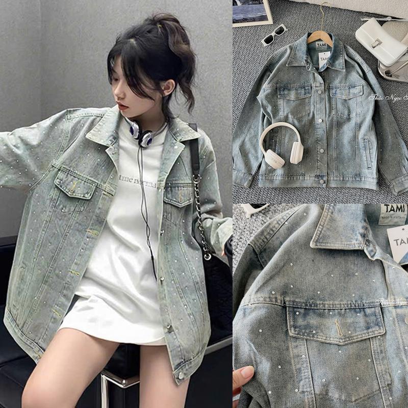 Áo khoác jean nữ trơn đính đá tay dài form rộng! THẢO NGỌC STORE Nữ Women Top Bò