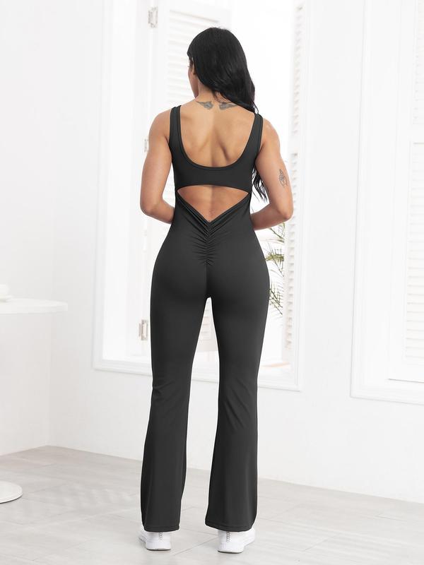 Women's Summer Plain Ruched Cut Out Sports Flare Leg Jumpsuit, Solid Scoop Neck Backless Sleeveless Bodycon Bell Bottom Jumpsuit for Yoga Gym Workout, Ladies Sportswear for All Seasons, Womenswear 6