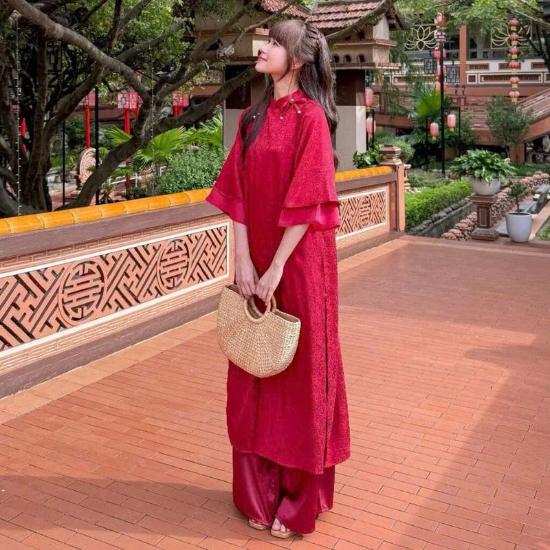 Set áo dài cách tân 2 tà nữ Maian áo đính nơ in hoa chất lụa gấm cổ tim dáng suông kèm theo quần lụa bóng ống rộng S5268 0