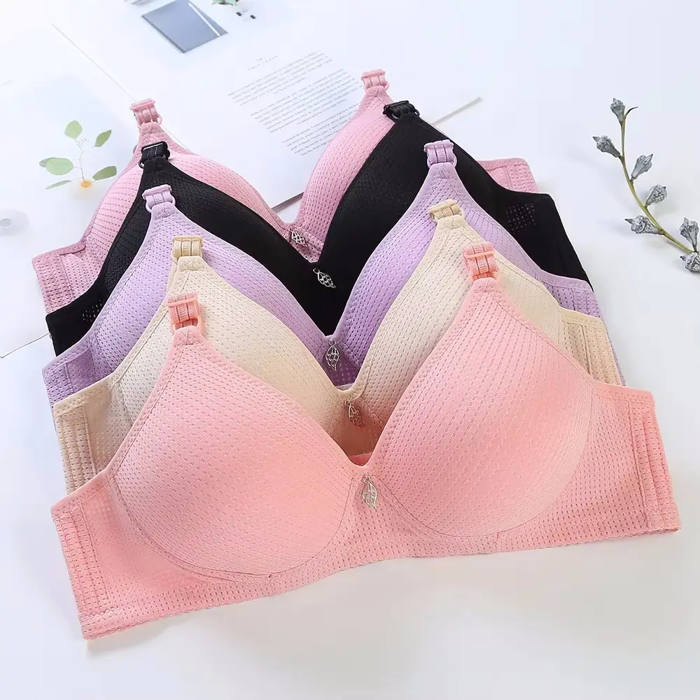 Women Solid Plus Size Active Bra Wireless Gathered Thin Soft Cotton Brassiere Full Cup Push Up Bra Smooth Breathable Lingerie Womenswear Buckle