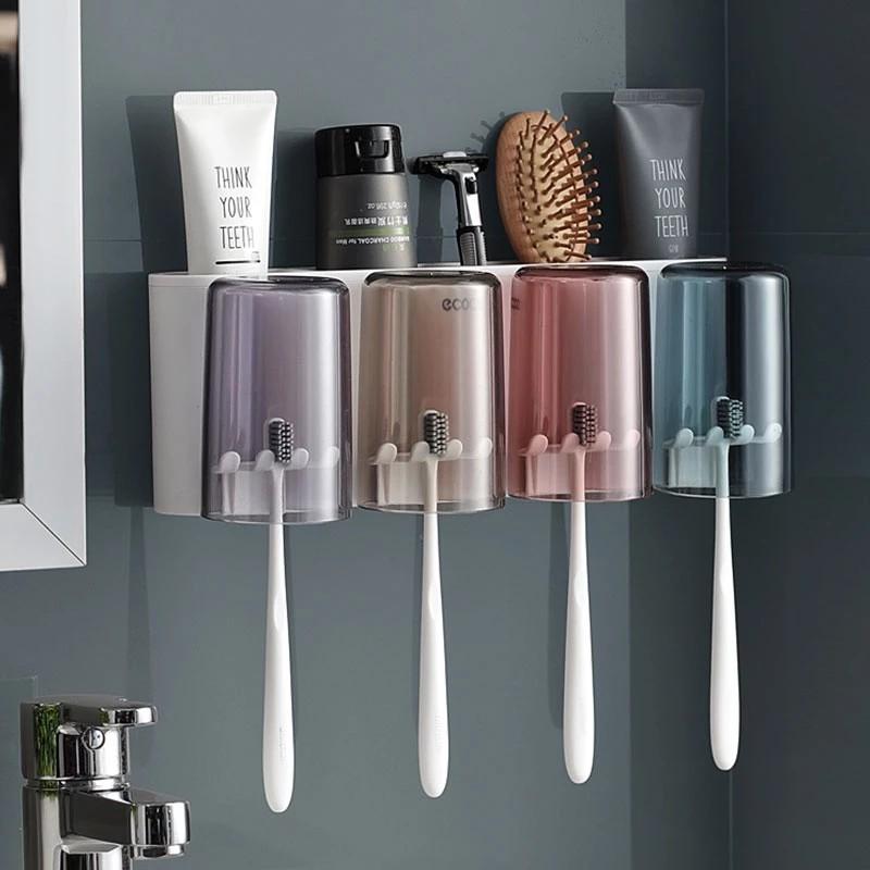 Giá Đỡ tặng kèm 4 cốc Kem Đánh Răng Bóp Treo Tường Phòng Tắm Cốc Có Giá Để Đồ Không Đục Lỗ Bàn Chải Đánh Răng 0