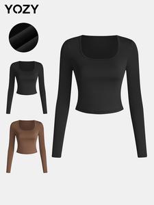 YOZY 1/2 Counts Women's Plain Square Neck Long Sleeve Crop Tee, Casual Solid T-Shirt for Spring & Fall, Fall Tops, Women's Top for Daily Wear