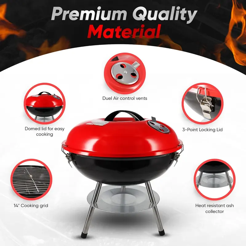 14-inch Portable Barbecue Grill with 3-Point Locking Lid for Heat Preservation – Dual Venting System – Small Charcoal Grill for Backyard, Camping, Boat  Ash Bbq Metal 3