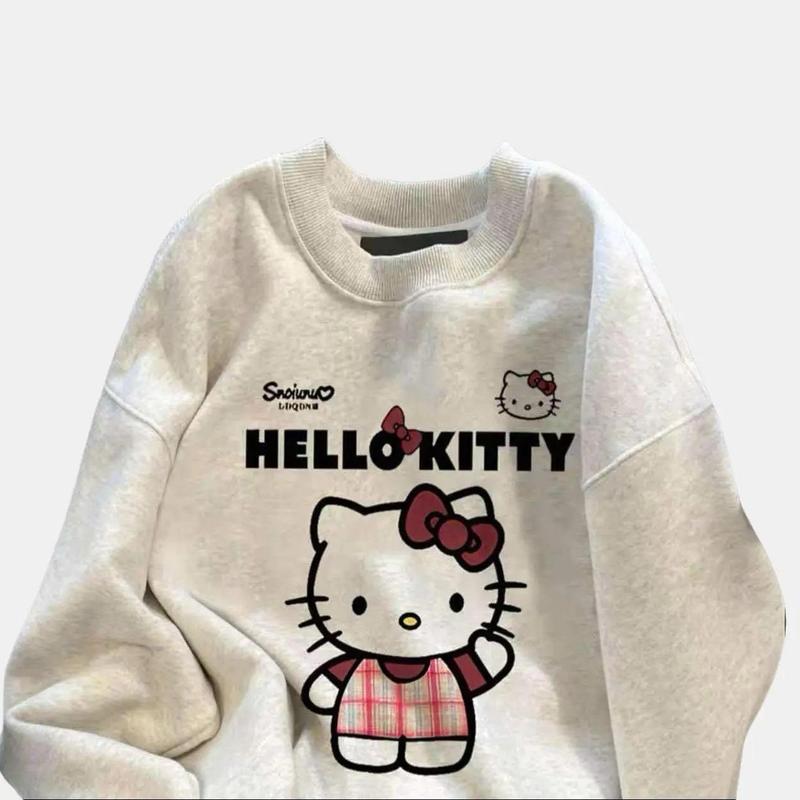 Áo nỉ cổ tròn HELO KITTY sọc Đỏ form rộng chất nỉ Tàu cho nữ - Women, Top 0