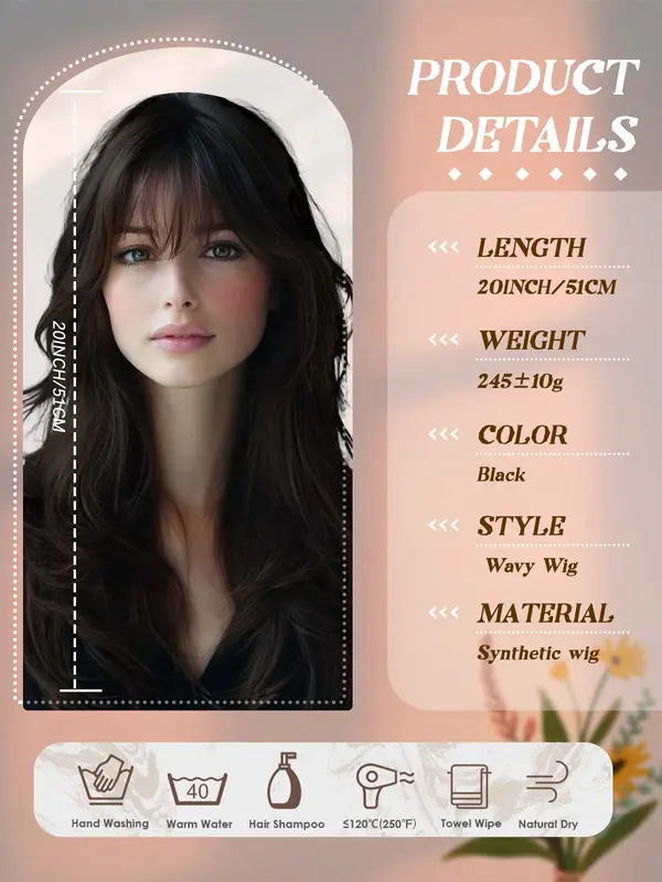 Natural Looking Long Body Wavy Wigs for Women, Gorgeous Fluffy Wigs with Air Bangs, Synthetic Full Machine Wigs for Party Photography, Daily Use 1