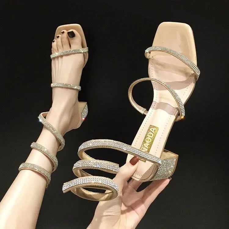 Xăng Đan La Mã Quấn Mắt Cá Chân, Xăng Đan Chữ Kim Cương Giả Với Gót Chunky, Phong Cách Thanh Lịch, Linh Hoạt Năng, Nổi Tiếng Trên Internet, Gót Giữa, Mới, Mùa Hè Nữ DéP 6