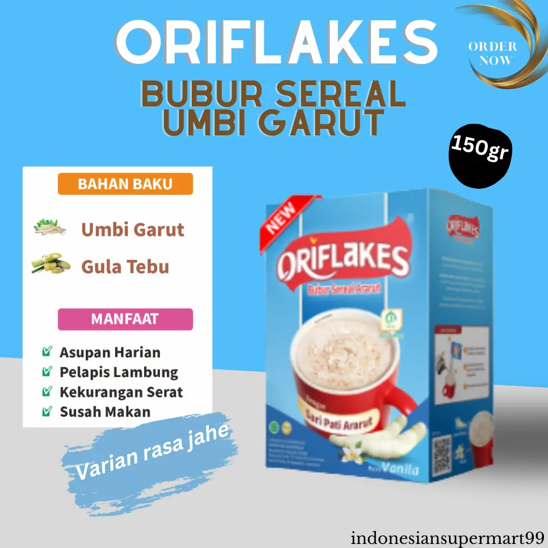 Oriflakes Daily Bubur Sereal Umbi Garut  Asupan Sehat Harian Dan Solusi Asam Lambung Rasa vanila 150gr @ 5 sachet