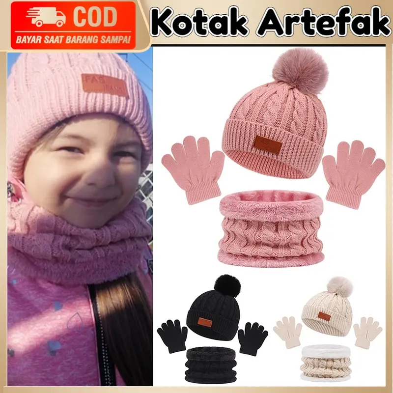 3Pcs Topi Kupluk Syal Sarung Tangan Musim Dingin Winter Bayi Anak Bahan Rajut 0