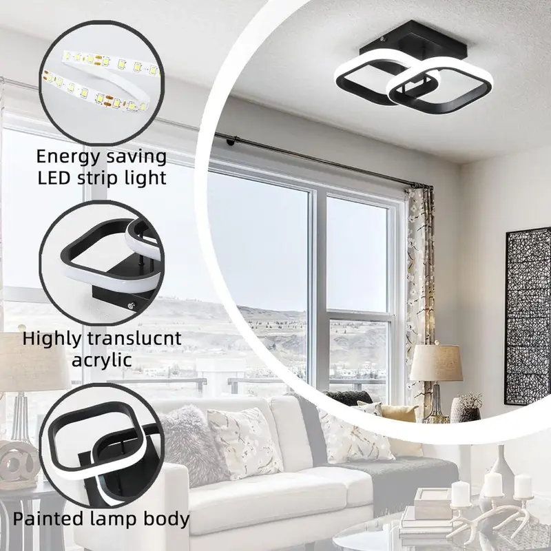 Square LED Ceiling Light, Modern Double-sided 3-color Dimmable Chandelier, Embedded Light Hardwired Ceiling Light for Kitchen Attic Corridor Balcony Bedroom 6