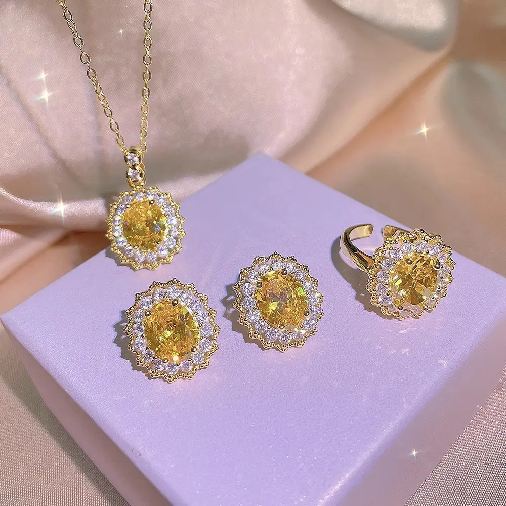 Europe and America Cross Border Crystal Rings Pendants Ear Stud Necklace Female Yellow Temperament Jewelry Suit High Sense Hot Sale Wholesale
