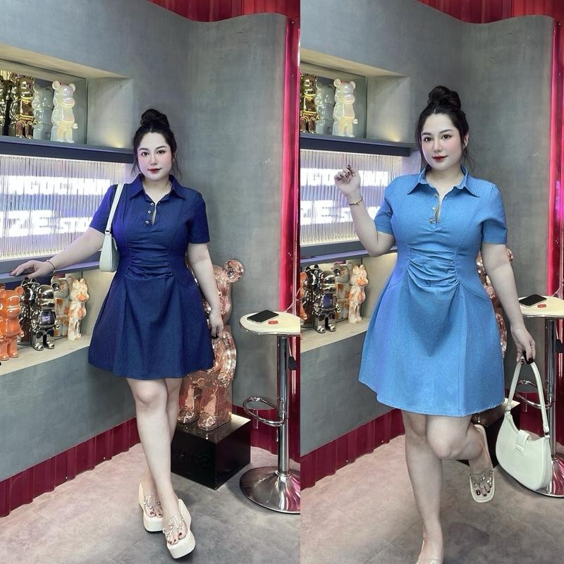 60-90KG ĐẦM JEAN CỔ TRỤ NHÚN EO XINH Bigsize Vương Ngọc Hân